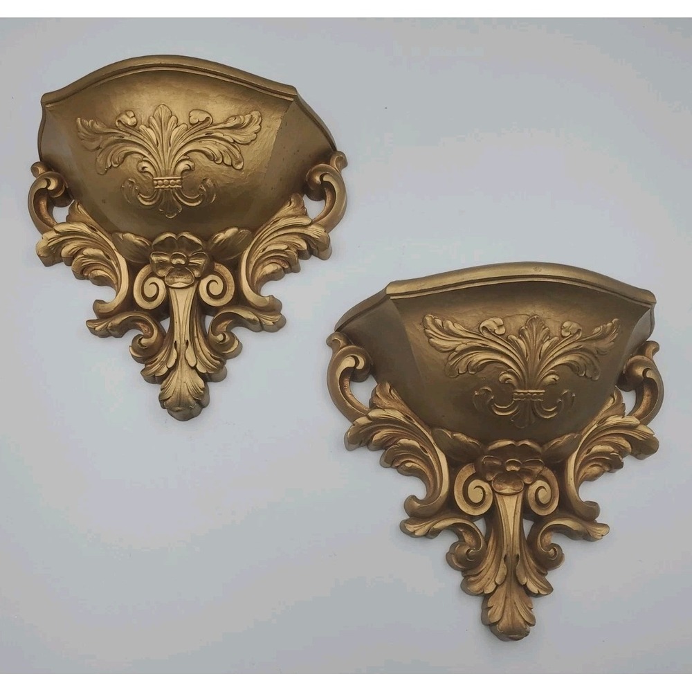 Vintage Homco 6050 Gold Ornate Floral Wall Pocket Planter Regency MCM Wall Decor